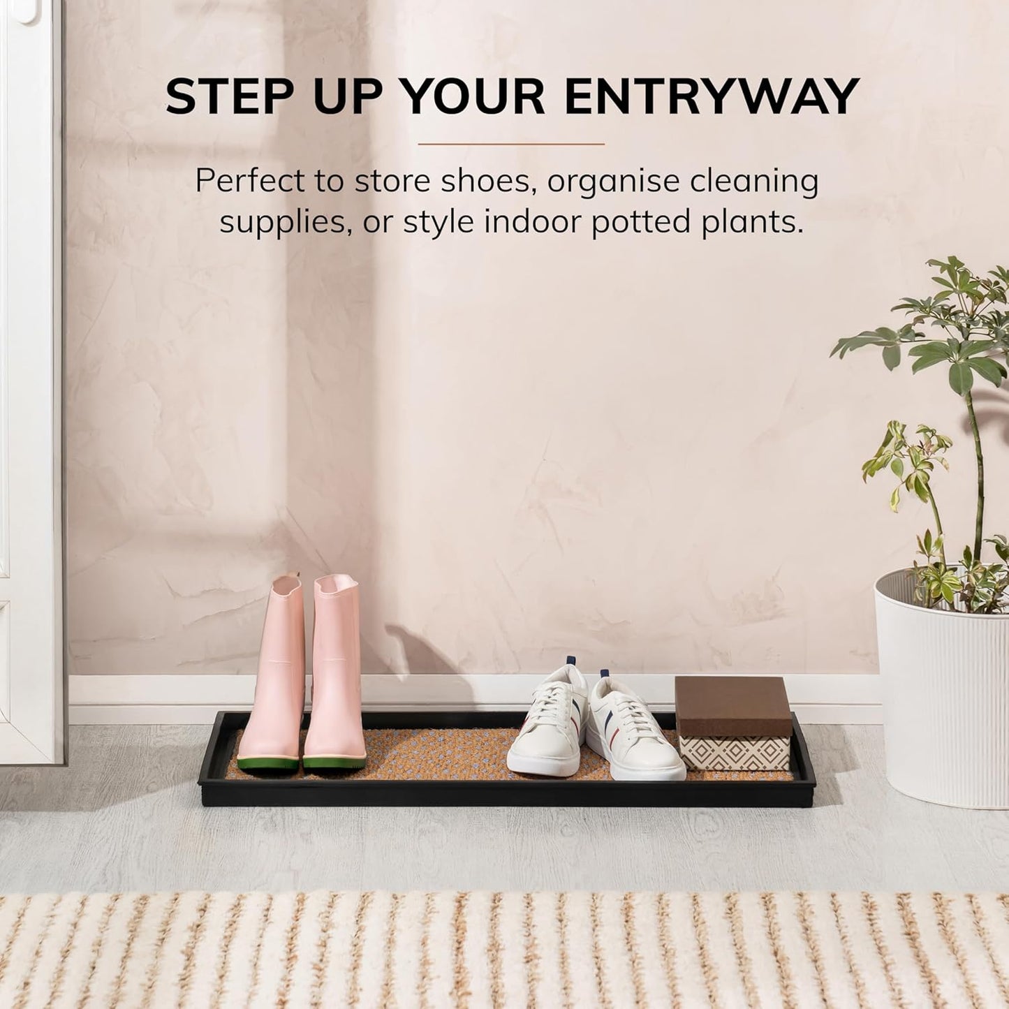 Anji Mountain Heavy Duty Waterproof Rubber Shoe Storage Mat Organizer/Boot Storage Tray Multi Use For Entryway with Coir, Tan and Khaki Insert , Fits 4 Pair (46.5" Wide)