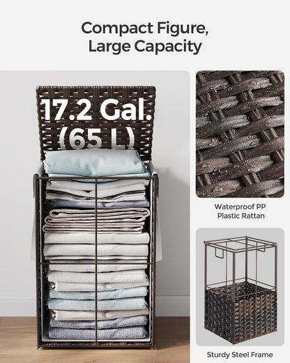 SONGMICS Laundry Hamper with Lid, 23.8 Gallon (90 L) Synthetic Rattan Clothes Laundry Basket with Lid and Handles, Foldable, Removable Liner, Chestnut Brown ULCB051K02