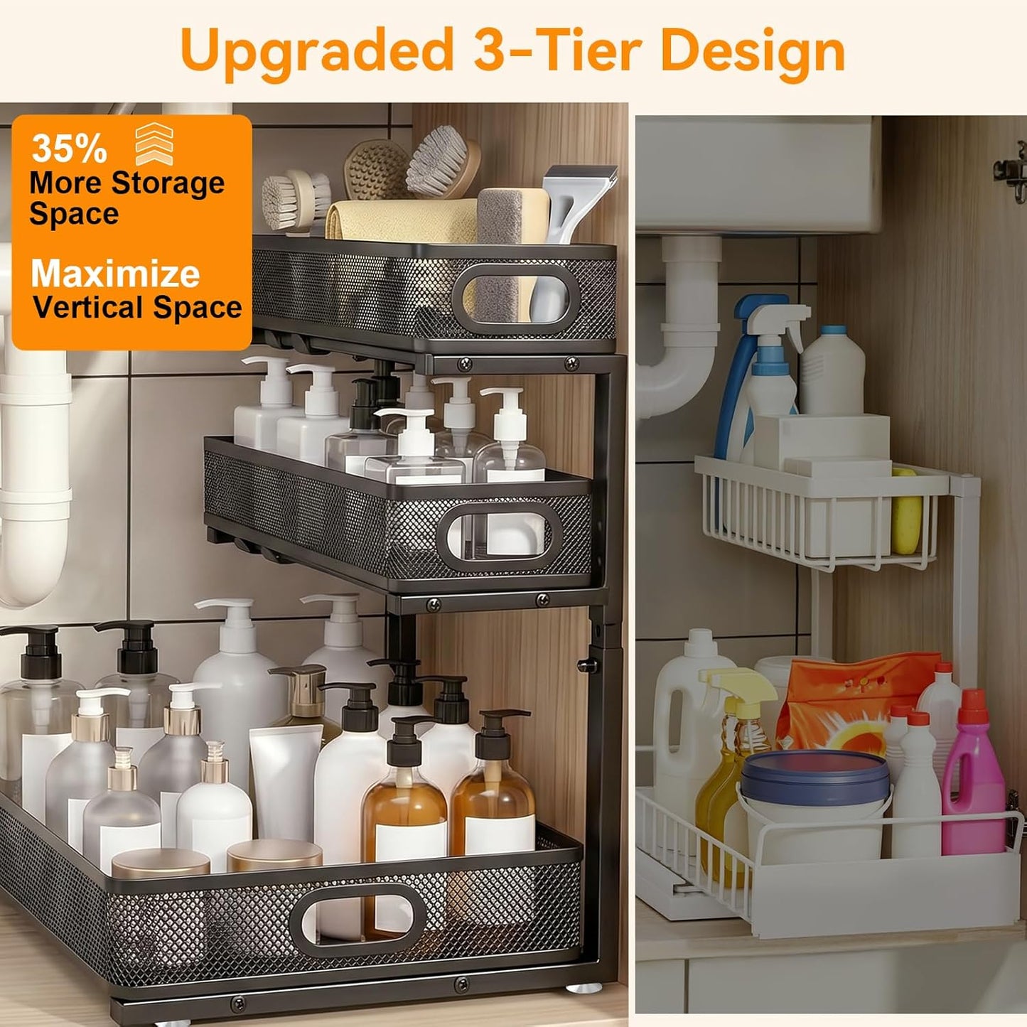 Under Sink Organizer for Bathroom, 3 Tier Adjustable Height Under Sink Storage, Sliding Pull Out Cabinet Organizer Shelf, Metal Multi-Purpose Cabinet Organizer for Kitchen (2 Pack, White)