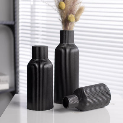 White Ceramic Flower Vases Set of 3, Modern Matte Vertical Ribbed, Nordic Minimalist Decor for Pampas, Dried & Fresh Flowers, Centerpiece for Living Room, Shelf, Entryway, Wedding,Office
