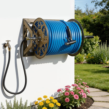 VEVOR Wall Mounted Garden Hose Reel, Holds 125 ft 5/8-inch Hose, Heavy-Duty Water Hose Winder, Space-Saving Design, Outdoor Manual Reel with Brass Fitting and Storage Basket for Yard Lawn