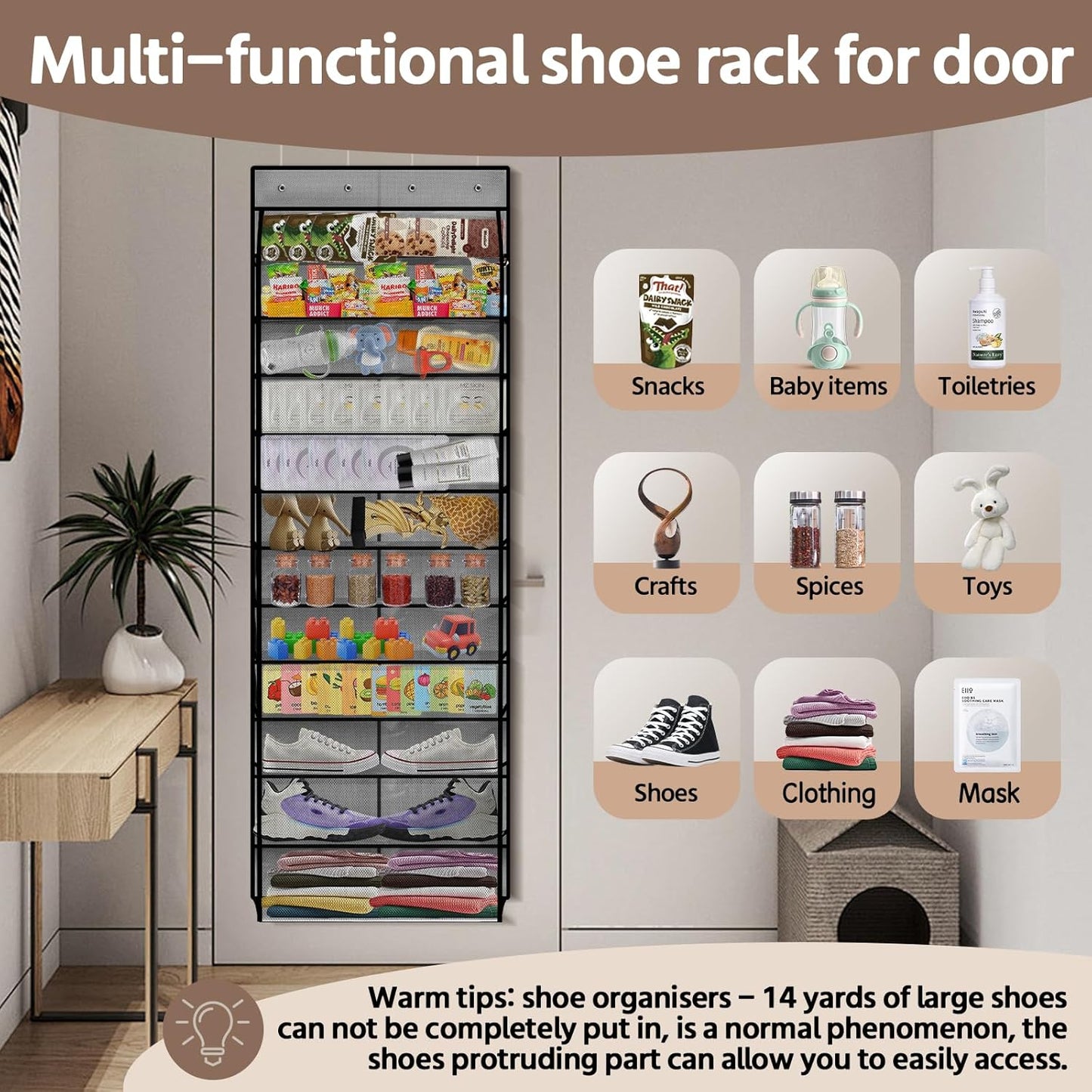 PAULONE 12 Pocket Over the Door Shoe Organizer,Reusable Breathable Large Mesh Bag Men's & Women's Sneaker Organizer,Shoe Organizer for Kids,Hanging Shoe Storage Hanging Bag (White)