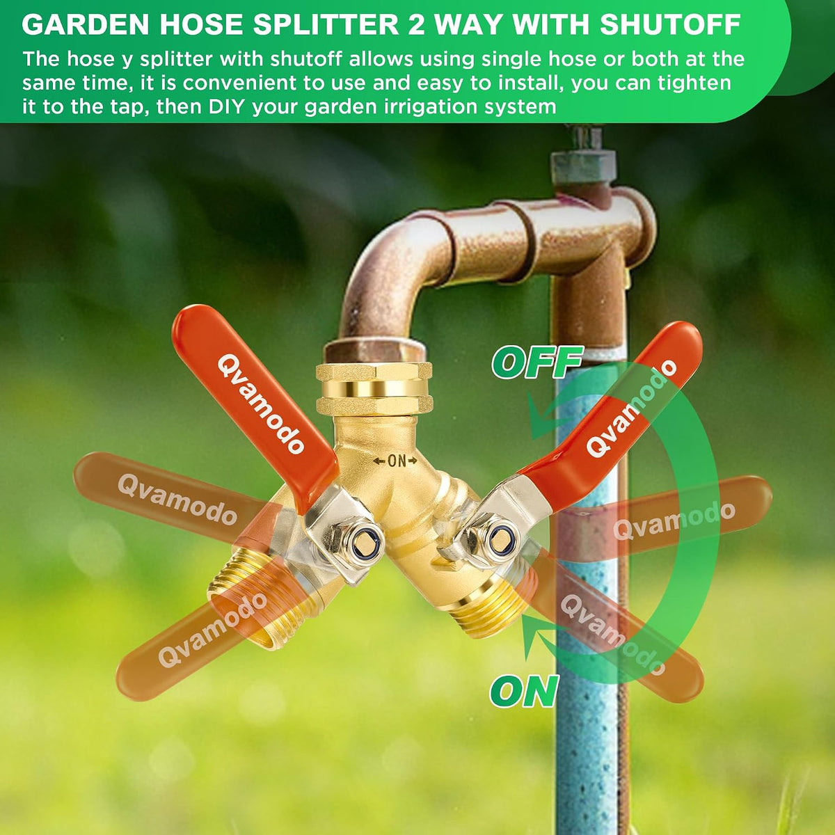 Garden Hose Splitter 3/4" GHT Full Flow 2 Way Brass Hose Splitter Heavy Duty All Metal Hose Y Splitter with Shutoff Outdoor Faucet Water Hose Splitter Y Valve Tap Adapter for Outdoor Garden