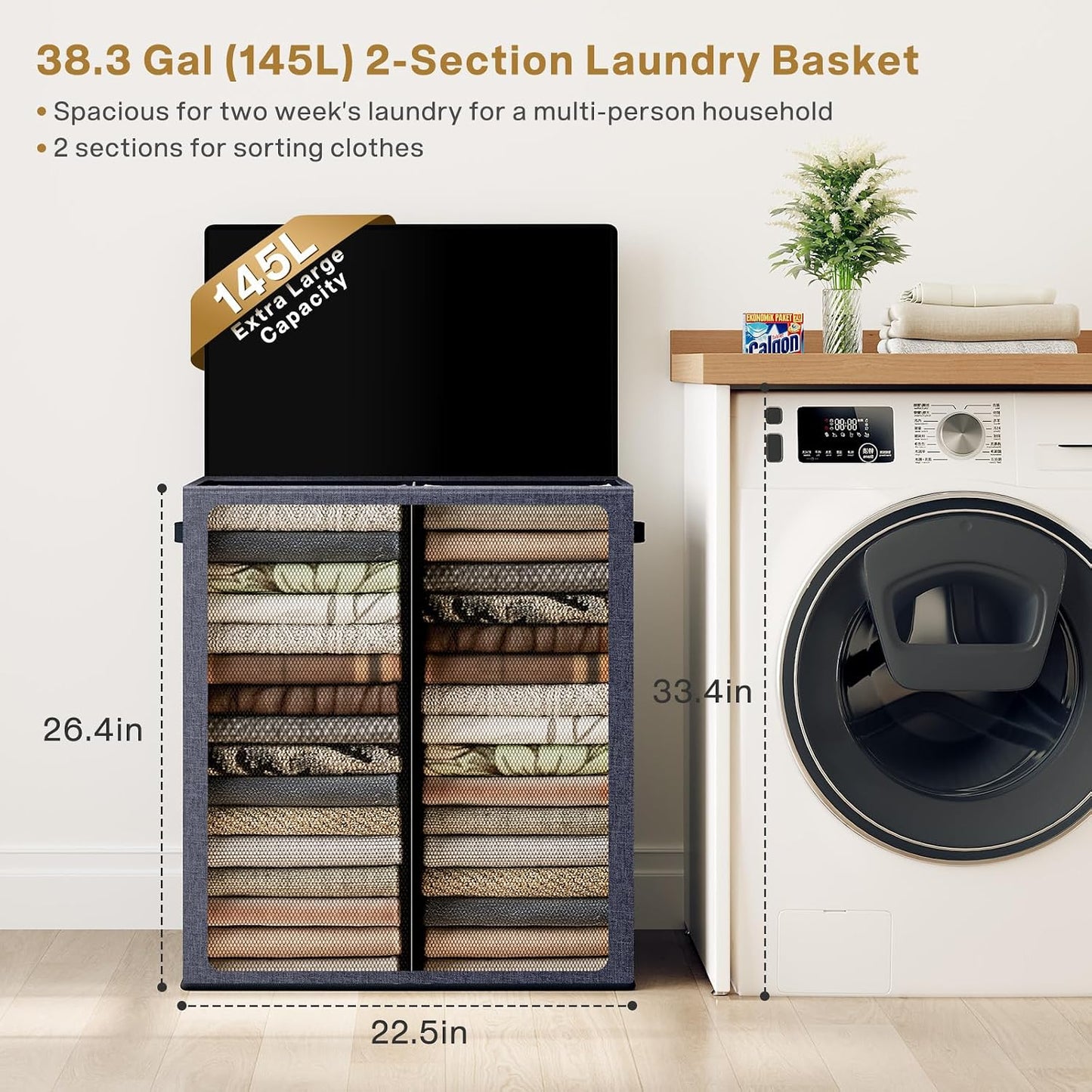 SOLEDI Luxury Double Laundry Hamper with Lid and Removable Bags, 38.3 Gal Large Laundry Bin, Laundry Basket 2 Sections, Collapsible Clothes Hamper for Bedroom, Laundry Room, Bathroom, Off-white