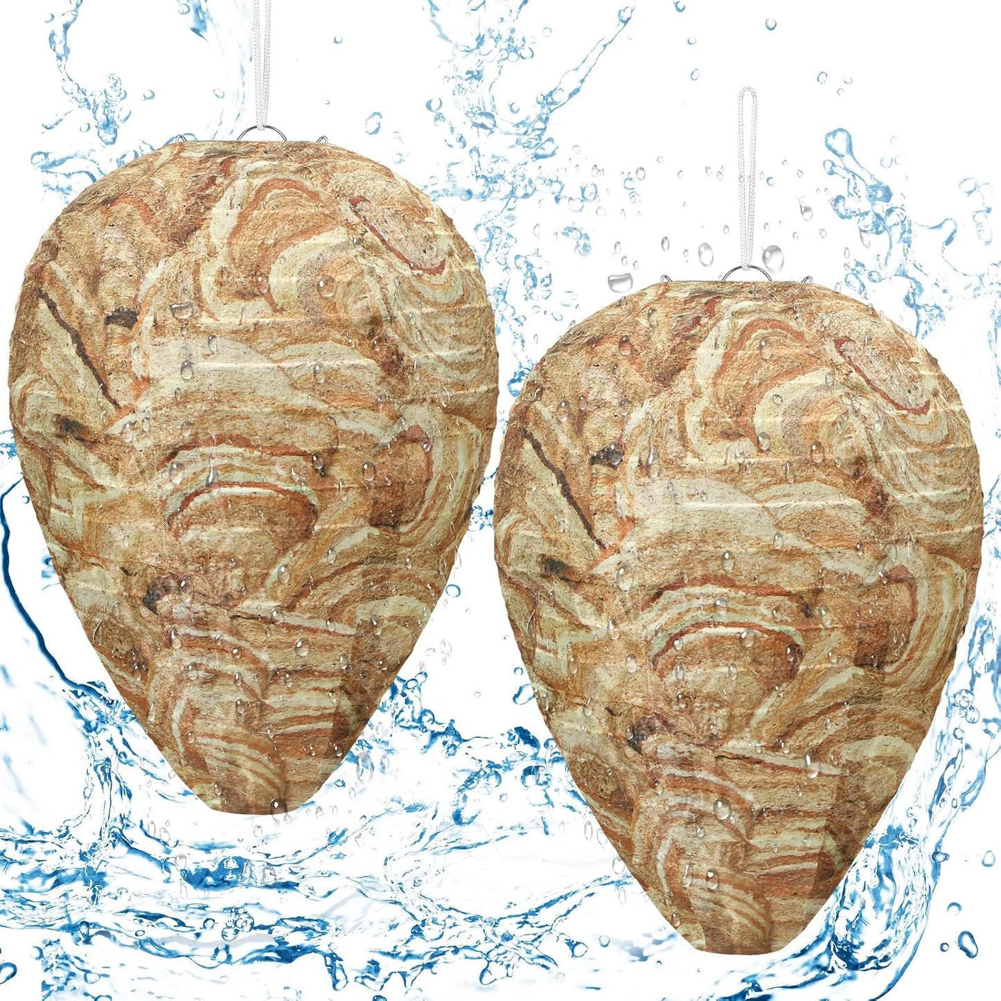 DECYOOL 2 Pack Fake Wasp Nest Decoy Outdoor Waterproof Material | Waterproof Material, Eaves/Garbage/Pool Areas, Territorial Hive Mimicry, Includes 2 Hanging Ropes for Easy Setup