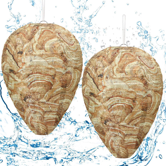 DECYOOL 2 Pack Fake Wasp Nest Decoy Outdoor Waterproof Material | Waterproof Material, Eaves/Garbage/Pool Areas, Territorial Hive Mimicry, Includes 2 Hanging Ropes for Easy Setup