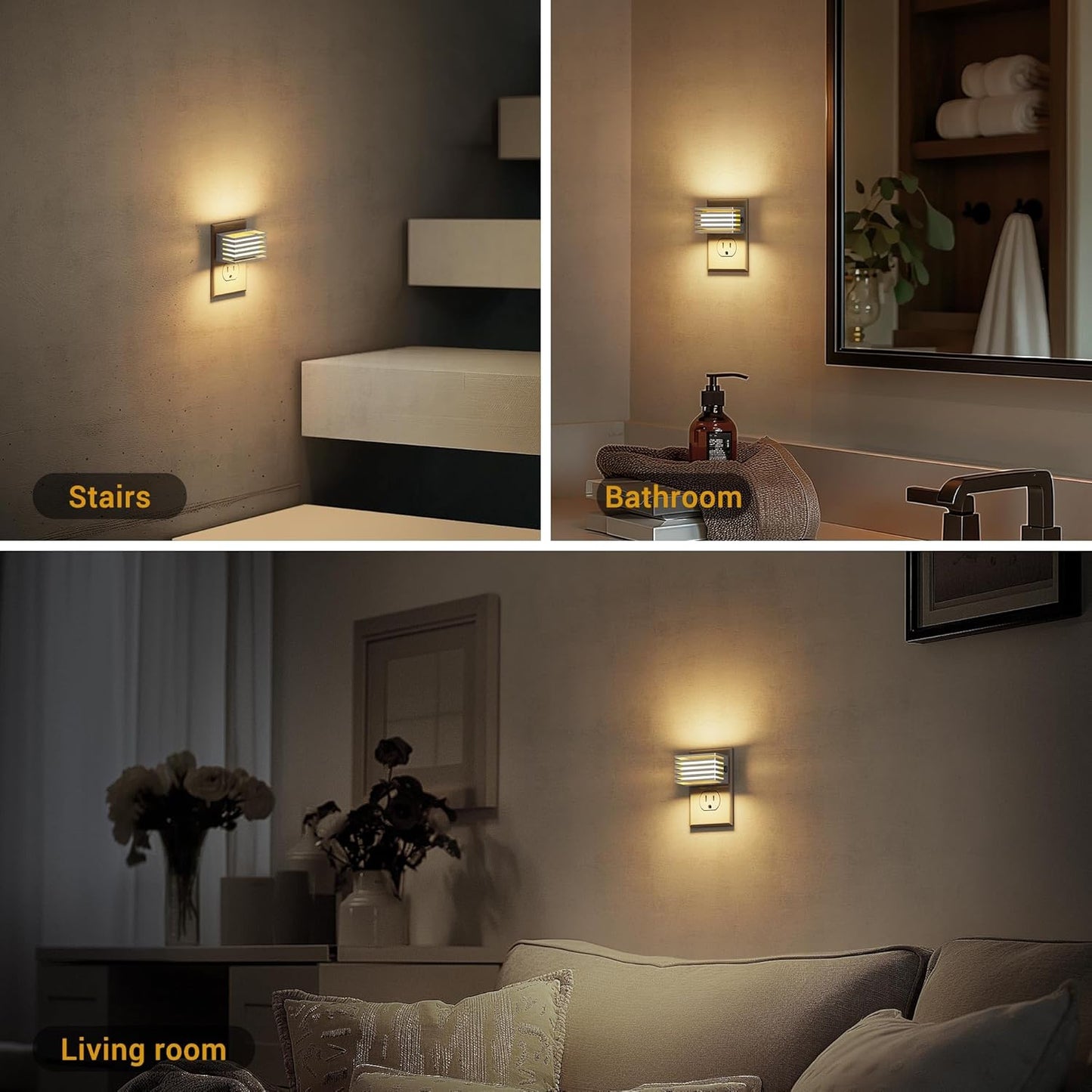 JandCase Motion Sensor Night Light, [2 Pack] Night Lights Plug into Wall, Dusk to Dawn & Motion Sensor, 3 Level Brightness Dimmable Plug in Night Light, 3000K Nightlight for Bedroom Bathroom Hallway