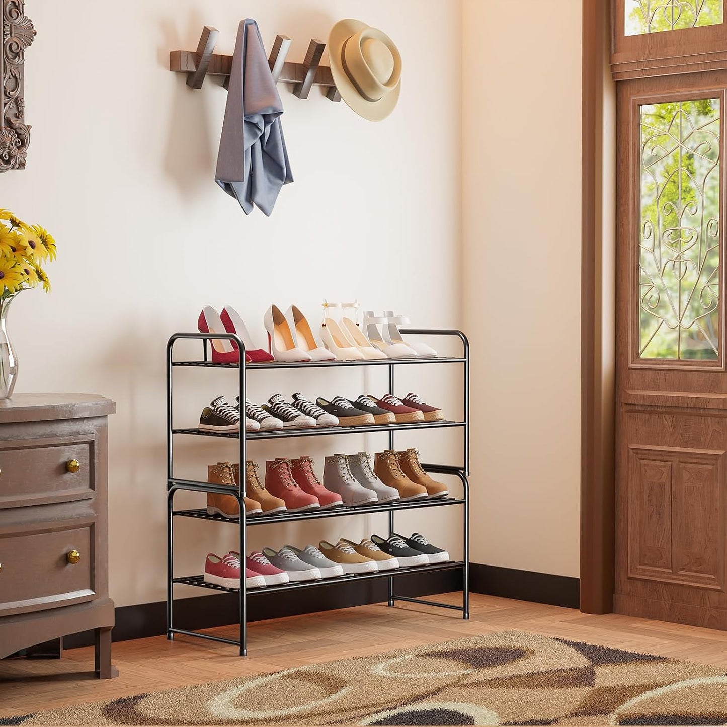 SUFAUY 2 Tier 33" Wide Shoe Rack, Closet Metal Wire, Stackable, Pink
