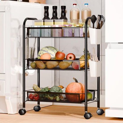 5-Tier Rolling Cart, Stackable Fruit Vegetable Rack, Kitchen Mesh Storage Basket with 360 Degree Wheels, Snack Cart for Kitchen Pantry Bathroom Organizer Heighten Guardrail Detachable (5-Tier Black)