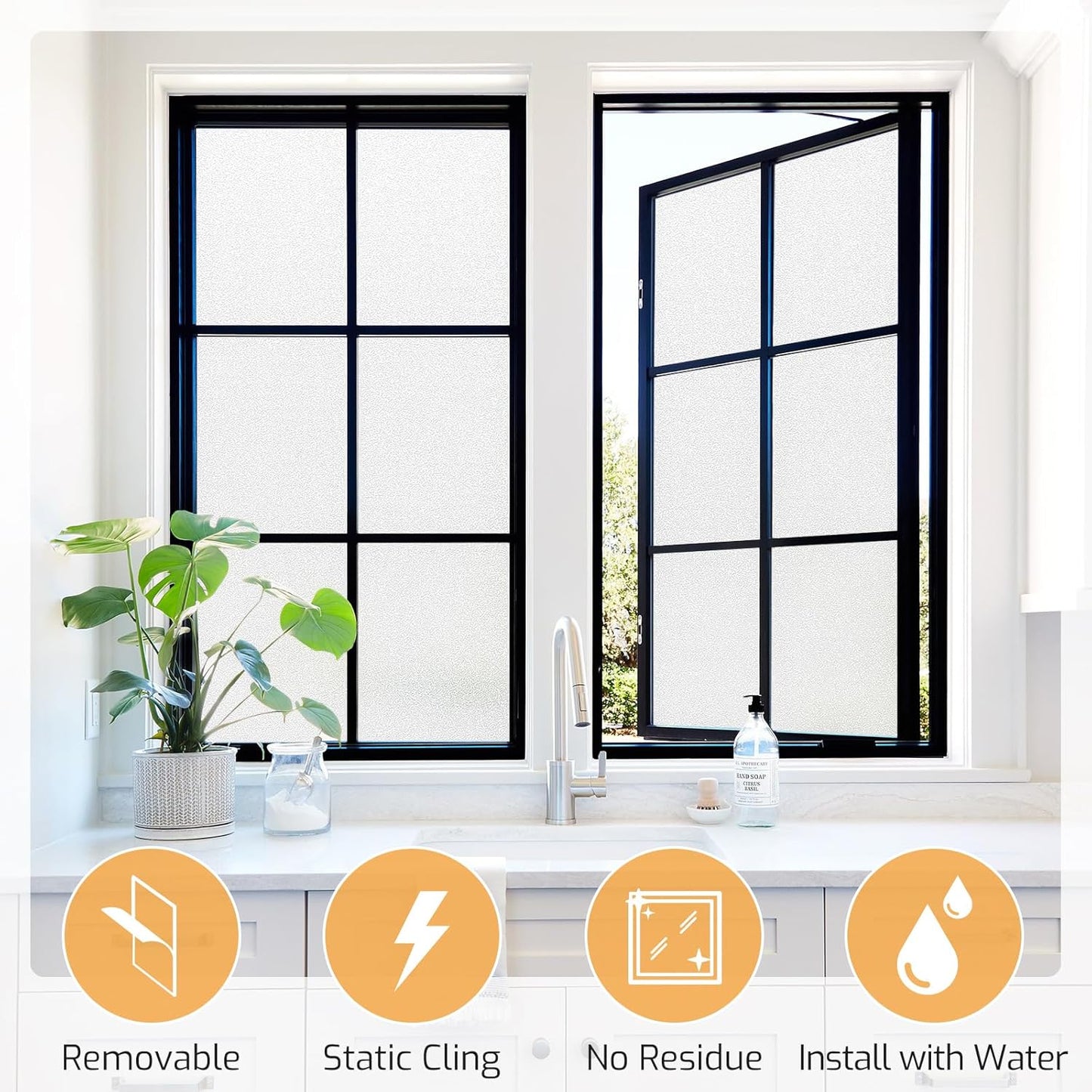 LUTE Window Privacy Film, Frosted Glass Window Film for Bathroom, Static Cling Removable Heat Control Glass Coverings, Non Adhesive Opaque Door Sticker for Home Office (Pure, 17.5" x 78.7")