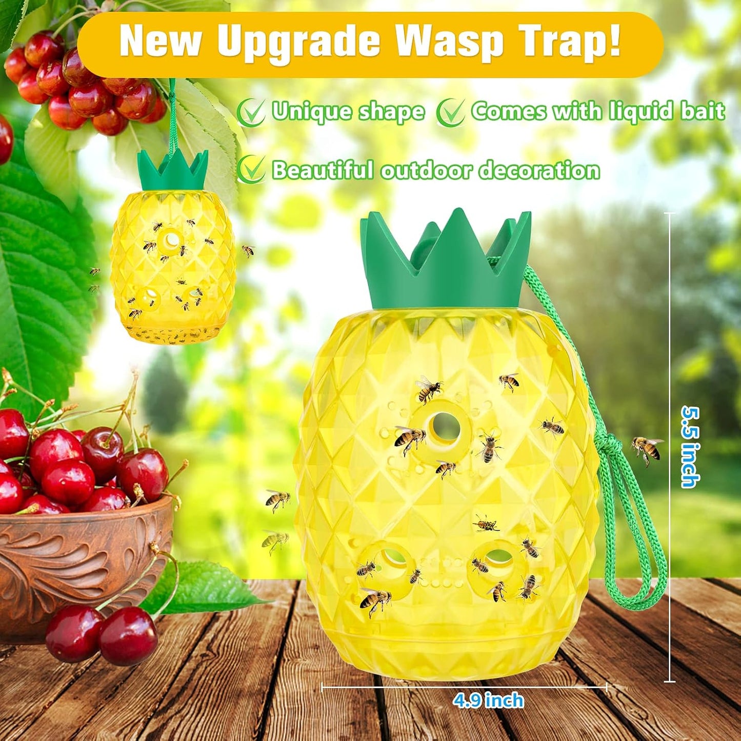 Wasp Trap, Yellow Jacket & Hornet Catcher for Outdoors, Reusable Hanging Wasp Catcher Traps, 2 Pack, Yellow - Pineapple Shape