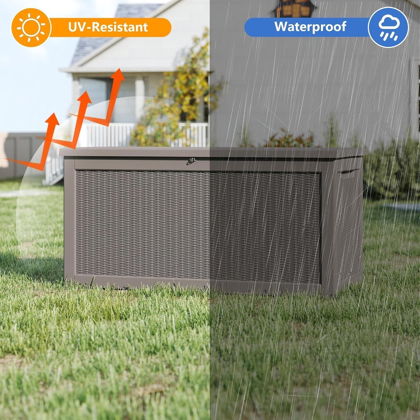 200 Gallon Deck Boxes Outdoor Waterproof, Outdoor Storage Box with Lockable Lid & UV-Resistant for Patio Furniture, Outdoor Cushions, Garden Tools and Pool Supplies, Light Brown