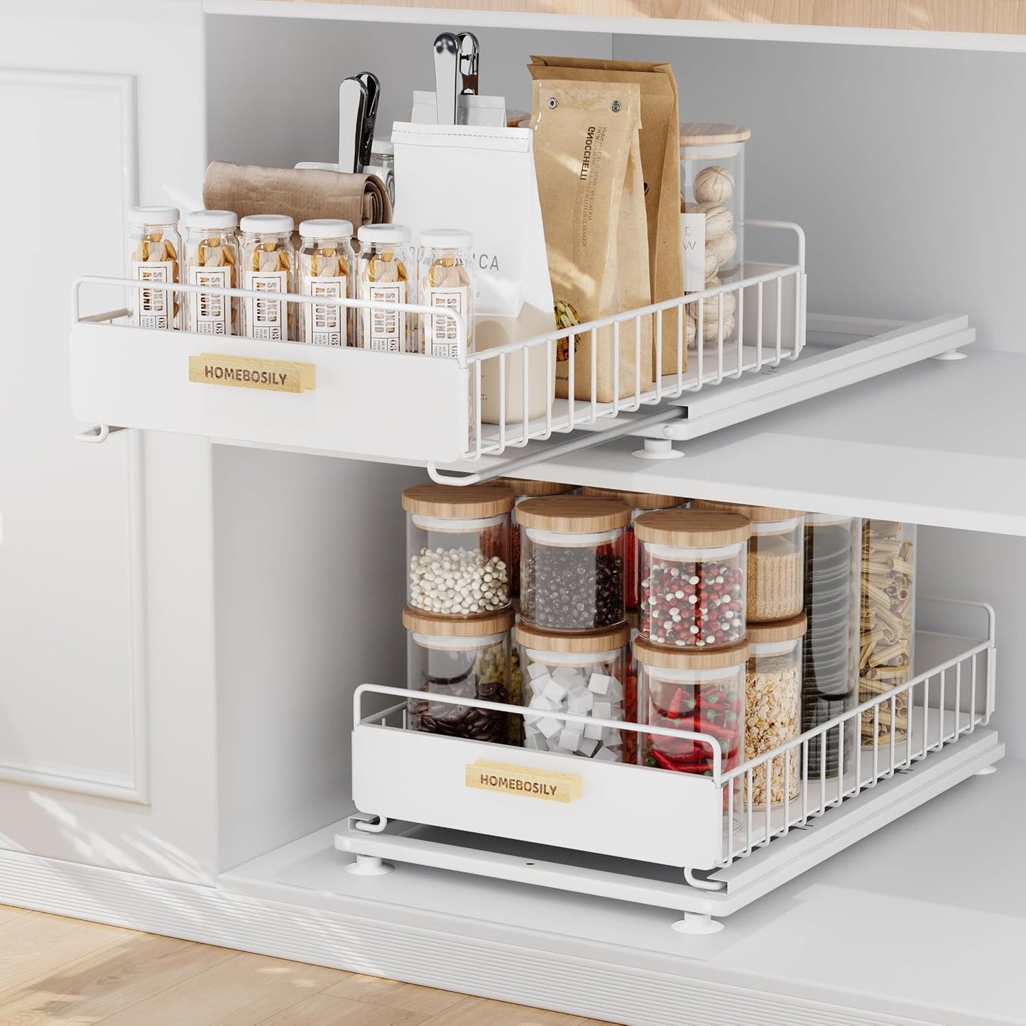 Under Sink Organizer Kitchen - Upgraded Professional Rails, 2 Tier Dual Pull Out Cabinet Storage, Height Adjustable Under Sink Storage, Metal Sliding Drawer for Kitchen & Bathroom, White, 2 Pack