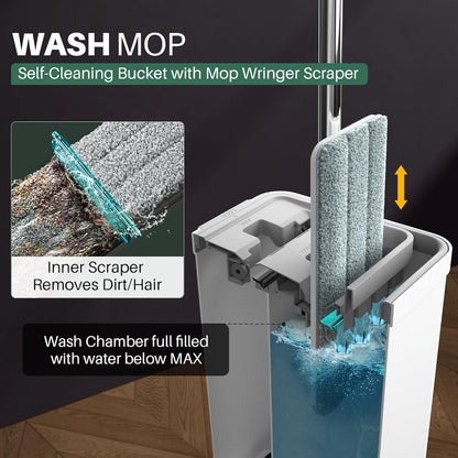 JOYMOOP Mop and Bucket Set, Flat Mops for Floor & Wall Cleaning, Commercial & Household Use, Hardwood Floor Mop with Long Handle & 4 Microfiber Pads