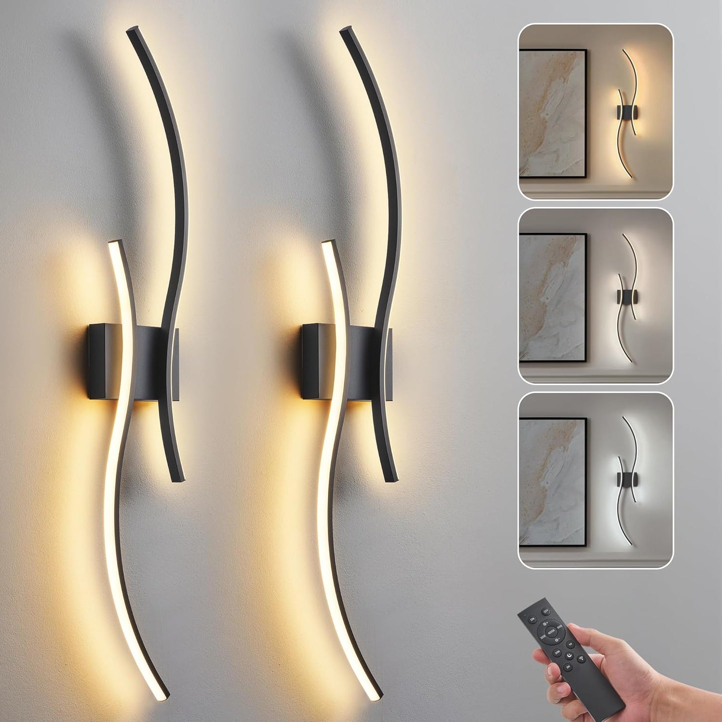Battery Operated Wall Sconce Set of 2, Dimmable Modern LED Rechargeable Wall Light with Remote Control, Wall Decor for Living Room, Hallway, Quick Install, No Electrician Required