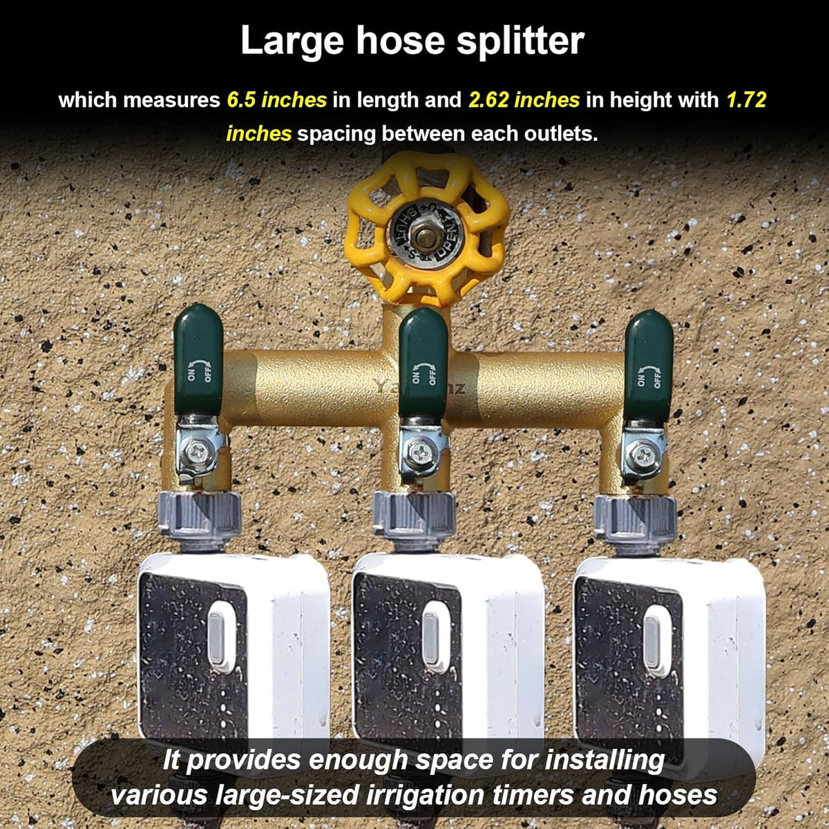 Garden Hose Splitter, 3/4” Rust and Freeze Resistant Outdoor Hose Manifold with 2 Green Extra Long Handles Faucet Adapter-Heavy Duty Brass 2-Way Valve
