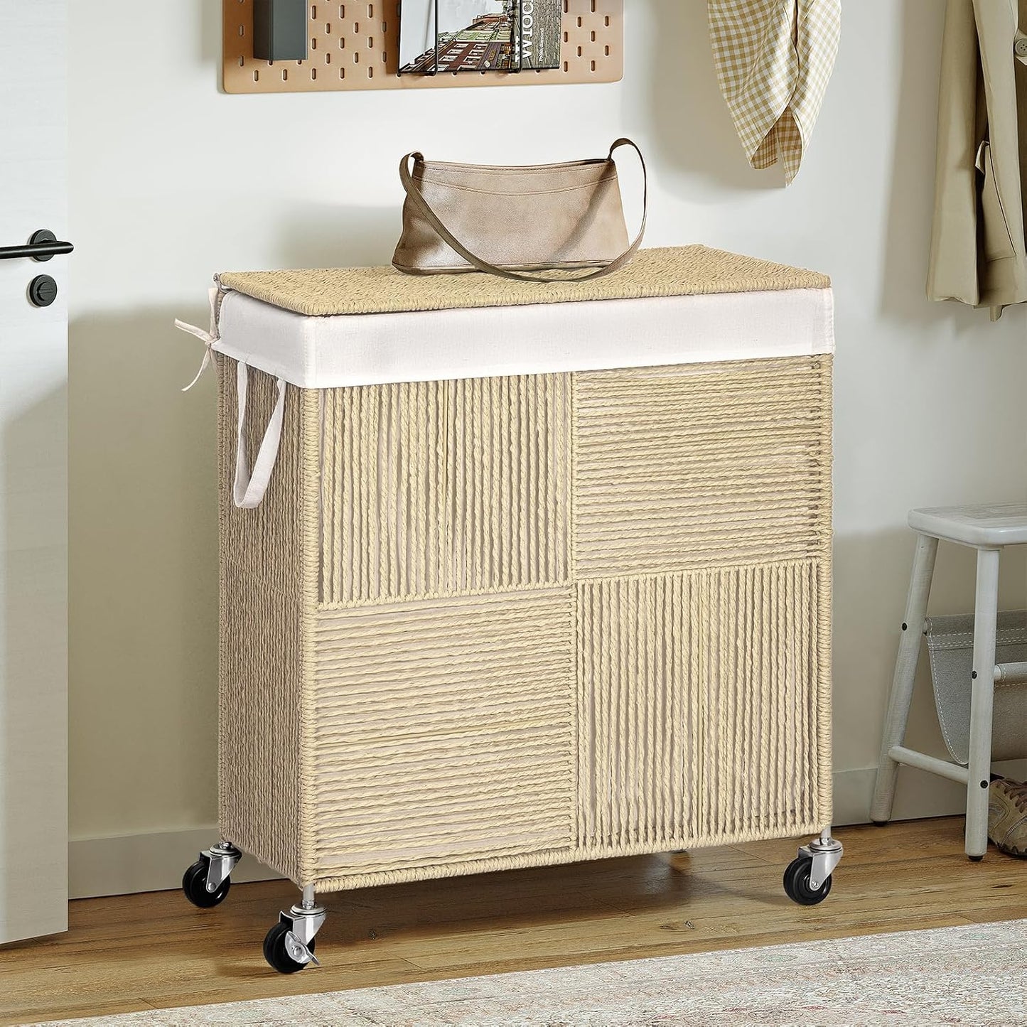 WOWLIVE Double Laundry Hamper with Lid, Handwoven Rolling Laundry Basket with Wheels, 115L Dirty Clothes Hamper with Removable Liner Bag Large Capacity Laundry Sorter Laundry Room Organization,Natural