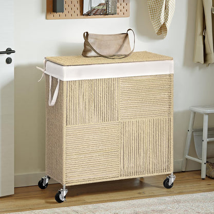 WOWLIVE Double Laundry Hamper with Lid, Handwoven Rolling Laundry Basket with Wheels, 115L Dirty Clothes Hamper with Removable Liner Bag Large Capacity Laundry Sorter Laundry Room Organization,Natural