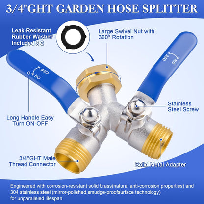 EJW Hose Splitter 2 Way, Garden Hose Splitters, Heavy Duty Faucet Splitter,Rv Brass Water Hose Y Splitter, Double Hose Connector, Spigot Splitter, Two Way Hose Manifold Valve 3/4 Inch GHT Thread.
