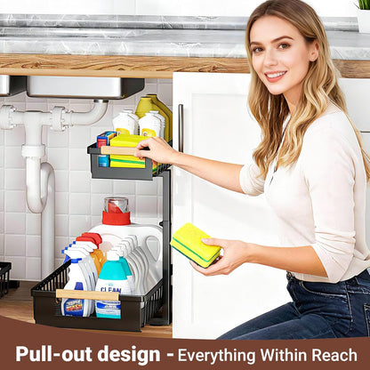 2 Pack Under Sink Organizer, 2 Tier Pull Out Cabinet Organizer with 5-Level Adjustable Height, Sliding Metal Storage Rack for Kitchen Bathroom Pantry, White