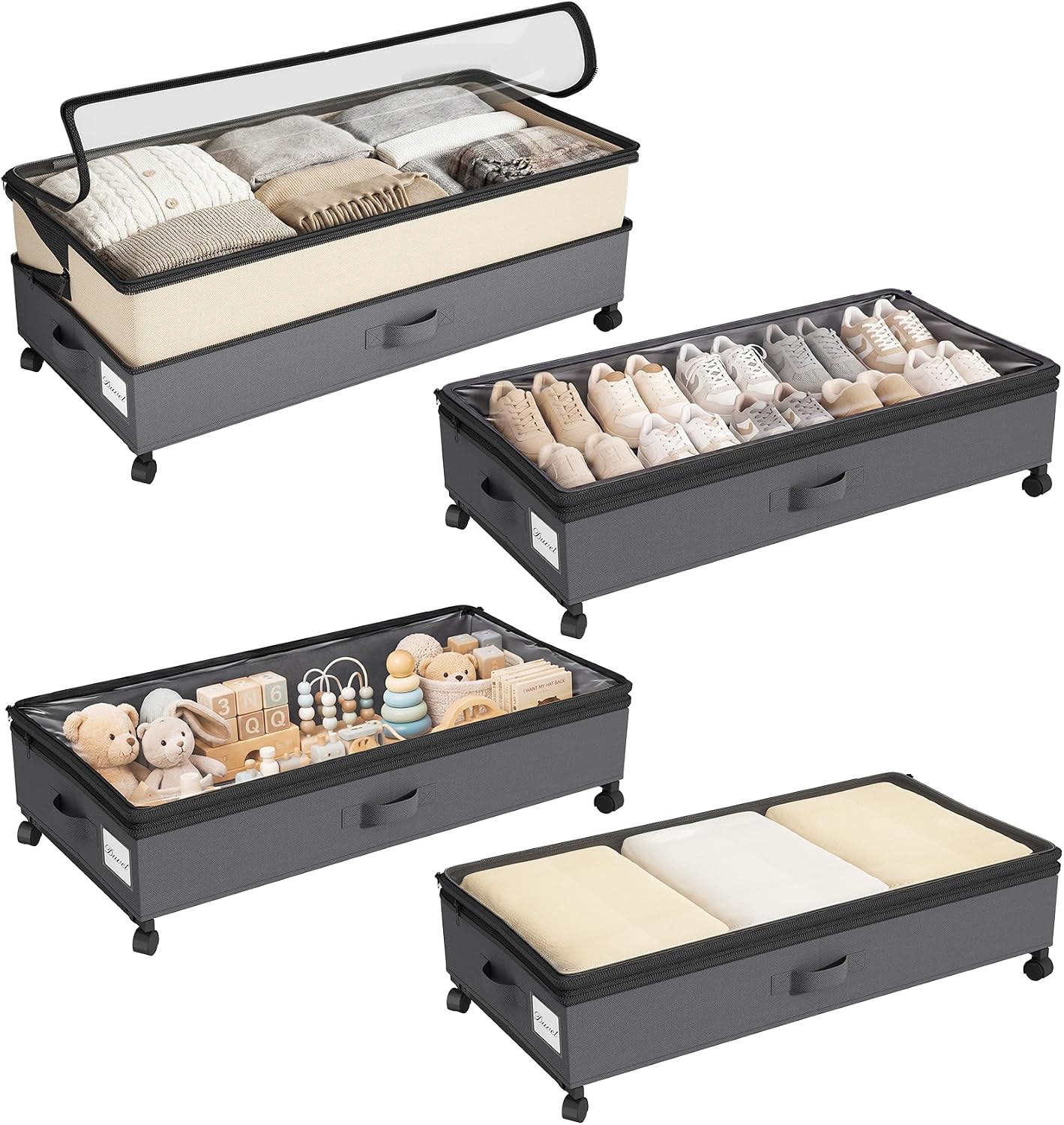 Kitstorack Under Bed Storage with Wheels 2Pack Height-adjustable Under Bed Storage Containers,Under Bed Shoe Storage Organizer with Clear Window&Label, Suitable for Clothes Storage, Gray