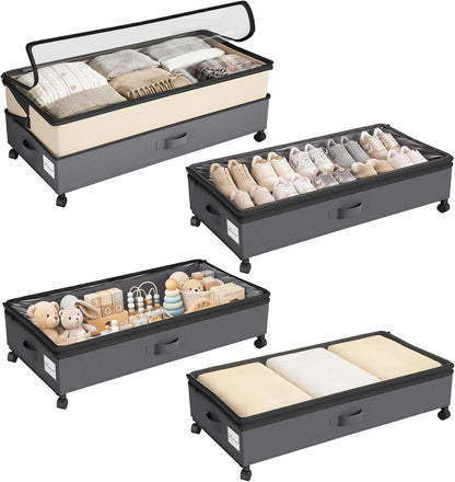 Kitstorack Under Bed Storage with Wheels 2Pack Height-adjustable Under Bed Storage Containers,Under Bed Shoe Storage Organizer with Clear Window&Label, Suitable for Clothes Storage, Gray