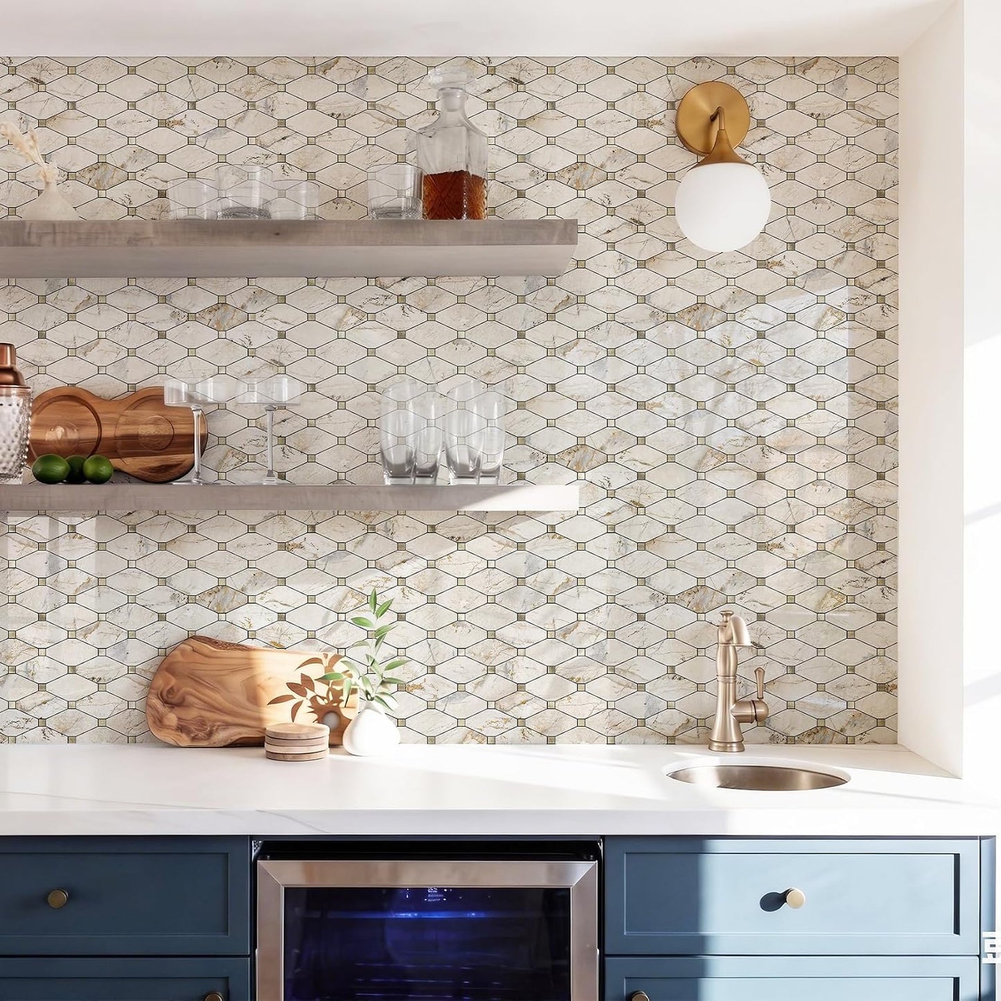 STICKGOO 10 Sheets Peel and Stick Backsplash, Polished Dolomite PVC Mixed Metal Gold Kitchen Backsplash, Stick on Backsplash Wall Tiles for Kitchen, Bathroom, RV