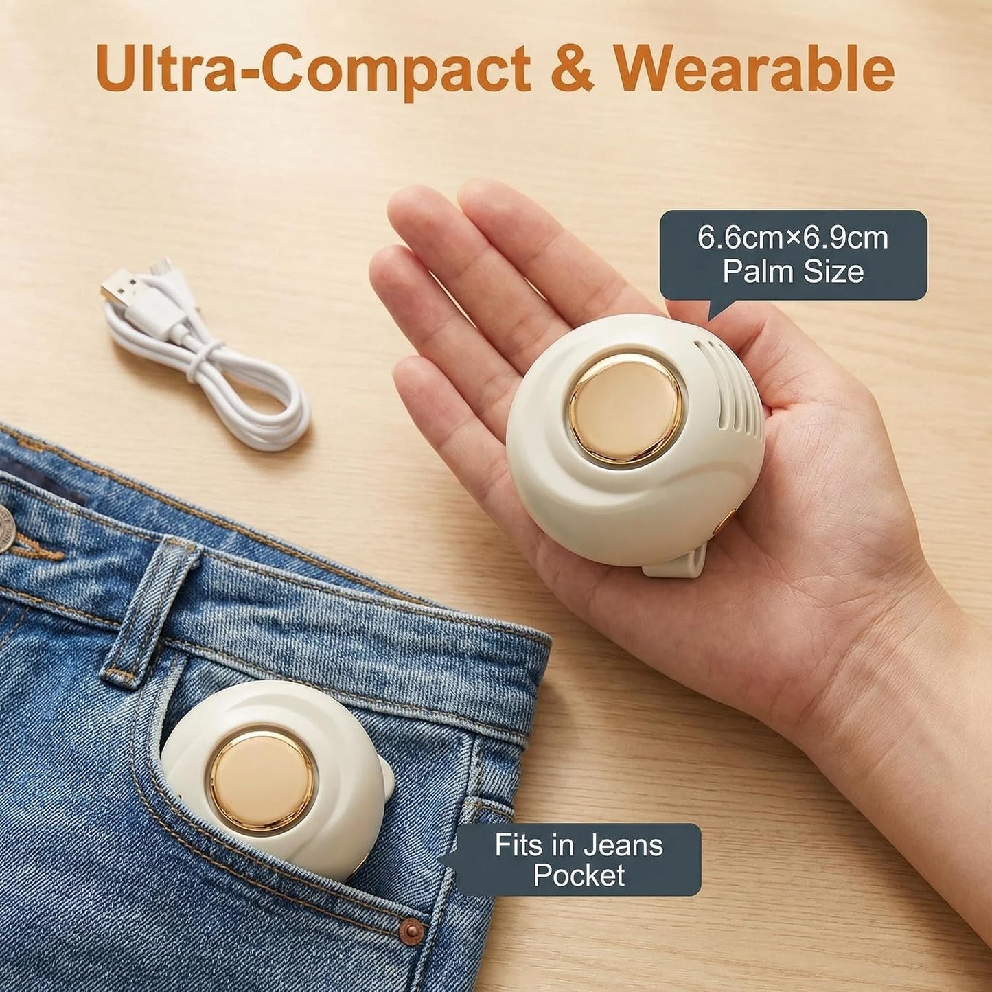 Portable Bladeless Wearable Fan, Silent USB Rechargeable Clip-On Personal Fan with 3 Speeds for Shirt or Waist, Hands-Free Cooling for Travel, Office & Outdoor Use