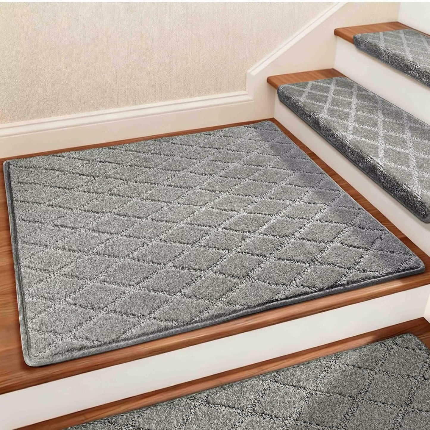 DEXDE Bullnose Stair Treads for Wooden Steps Non-Slip Stair Runner, 14 Pcs | Reusable bullnose carpet Stair Treads Indoor, Peel and Stick Stair Rugs with Edge Protection, Soft Washable, 30"x9.5" Grey