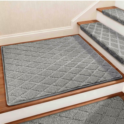DEXDE Bullnose Stair Treads for Wooden Steps Non-Slip Stair Runner, 14 Pcs | Reusable bullnose carpet Stair Treads Indoor, Peel and Stick Stair Rugs with Edge Protection, Soft Washable, 30"x9.5" Grey