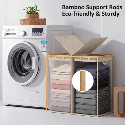efluky Laundry Hamper with Lid, Trio Laundry Basket with 2 Removable Bags, 3 Section Laundry Bin with Bamboo Handles for Bathroom, Bedroom & Laundry Room, 160L (42.3 Gallon) Beige