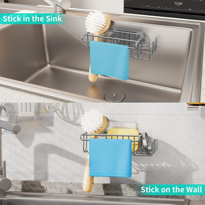 HapiRm 4 in 1 Sink Caddy Sponge Holder, SUS304 Stainless Steel Kitchen Brush Holder and Dish Cloth Hanger, Kitchen Organizers and Storage Essentials - Silver