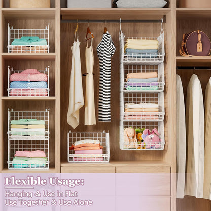 X-cosrack 5 Tier Closet Hanging Organizer, Clothes Hanging Shelves with 4 Hanging Hooks 5 S Hooks, Wire Storage Basket Bins, for Clothing Sweaters Shoes Handbags Clutches Accessories Patent Design