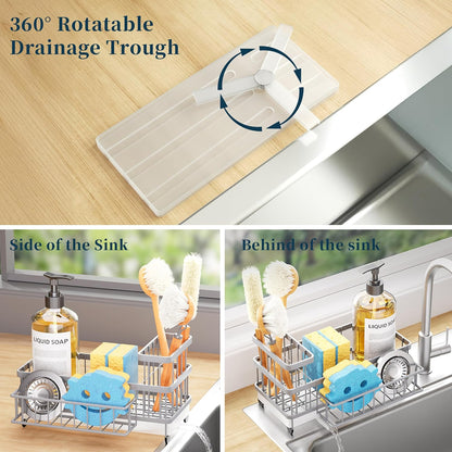 Consumest Sponge Holder for Kitchen Sink - Auto Draining Sink Caddy Organizer with Detachable Rack, High Brush Holder, Kitchen Countertop Storage Accessories, Black