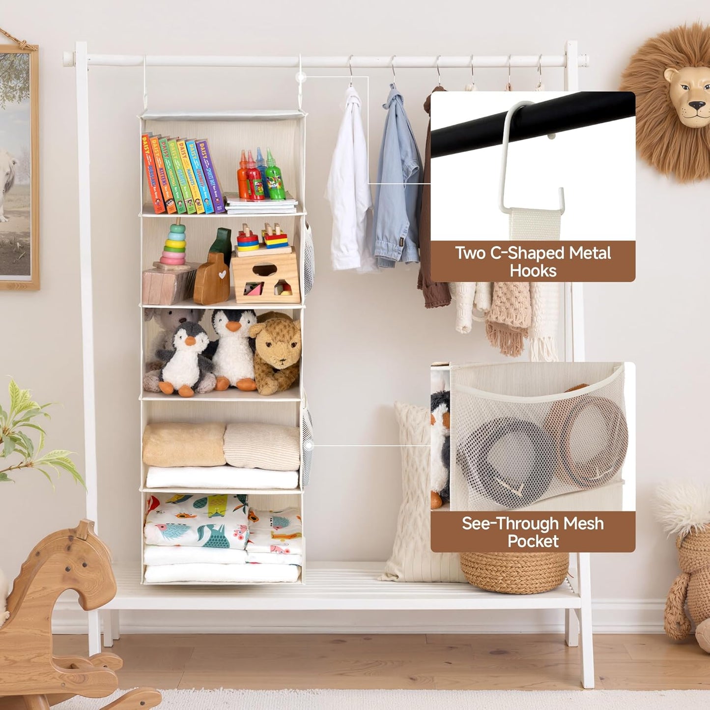 StorageWorks 6-Shelf Hanging Closet Organizer, Hanging Shelves for Closet, Fabric, Mixing of Beige, White & Ivory, 12" D x 12" W x 47 1⁄2" H