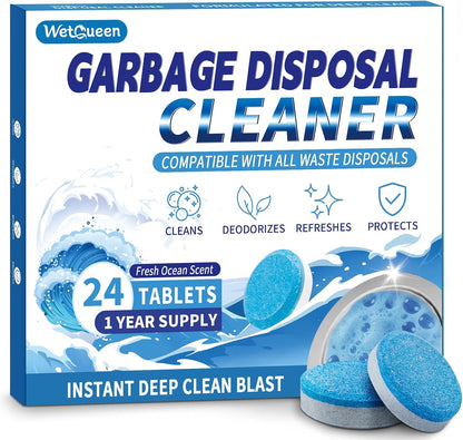 Wetqueen Garbage Disposal Cleaner and Deodorizer Tablets - 24 Pack, Fresh Ocean Scent, Powerful XL Foaming Drain Odor Eliminator, Sink & Garburator Freshener, Deep Cleaning, Septic Safe, 1 Year Supply