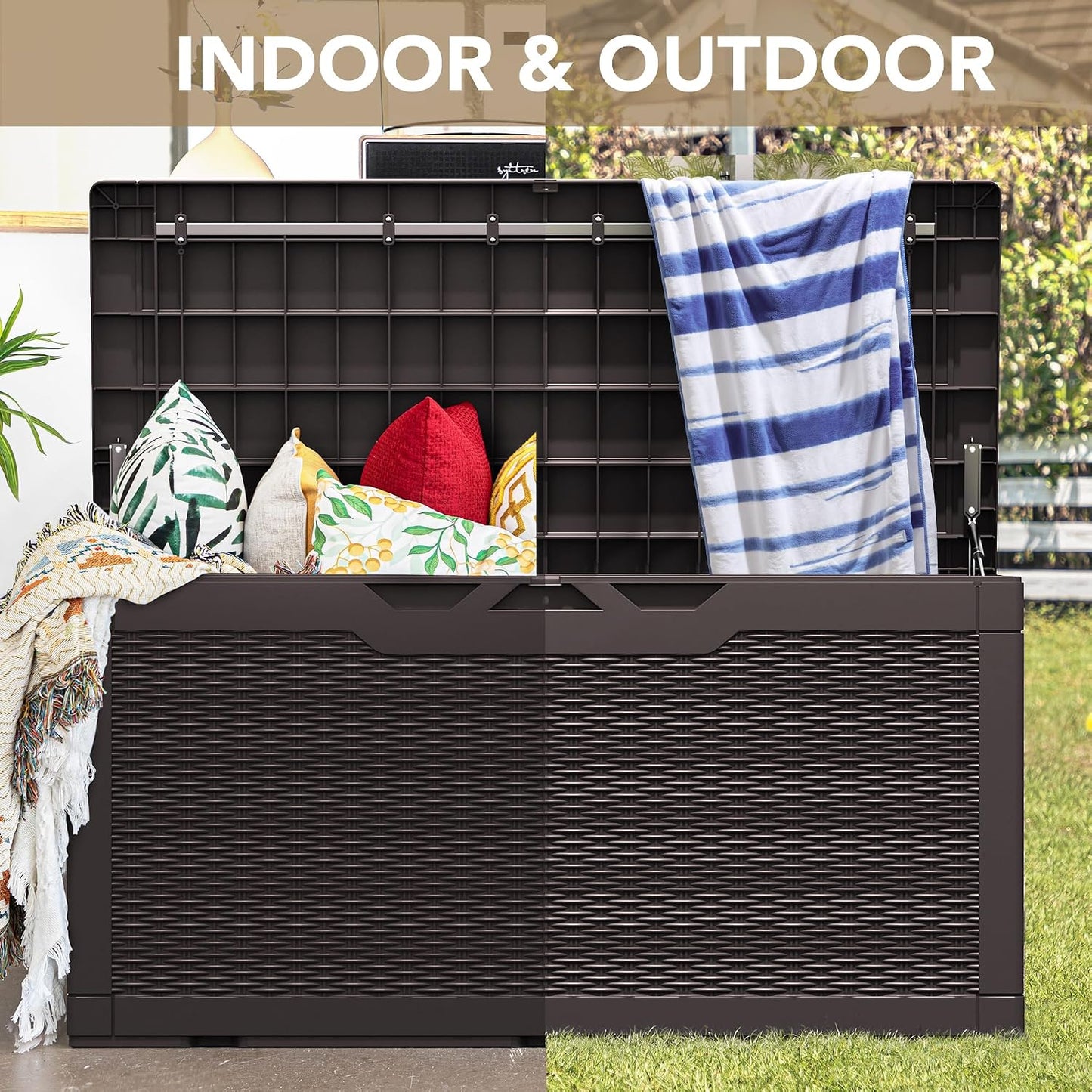 Devoko 100 Gallon Waterproof Large Resin Deck Box Indoor Outdoor Lockable Storage Container for Patio Furniture Cushions Garden Tools (100 Gallon, Black)