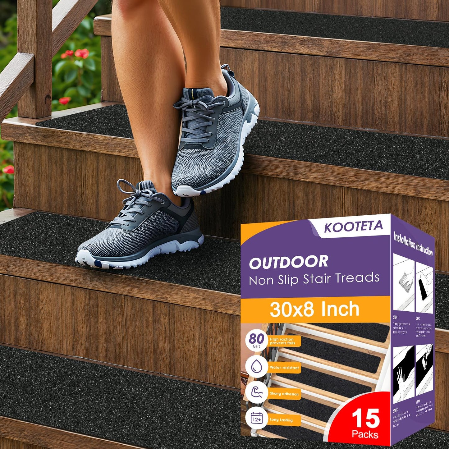 KOOTETA Stair Treads for Wooden Steps Indoor, 15 Pack 8" X 30" Non Slip Carpet Stair Treads with Reusable Adhesive for Kids Elders and Dogs, Surface Polyester TPR Backing Stair Runner Rugs, Dark Grey