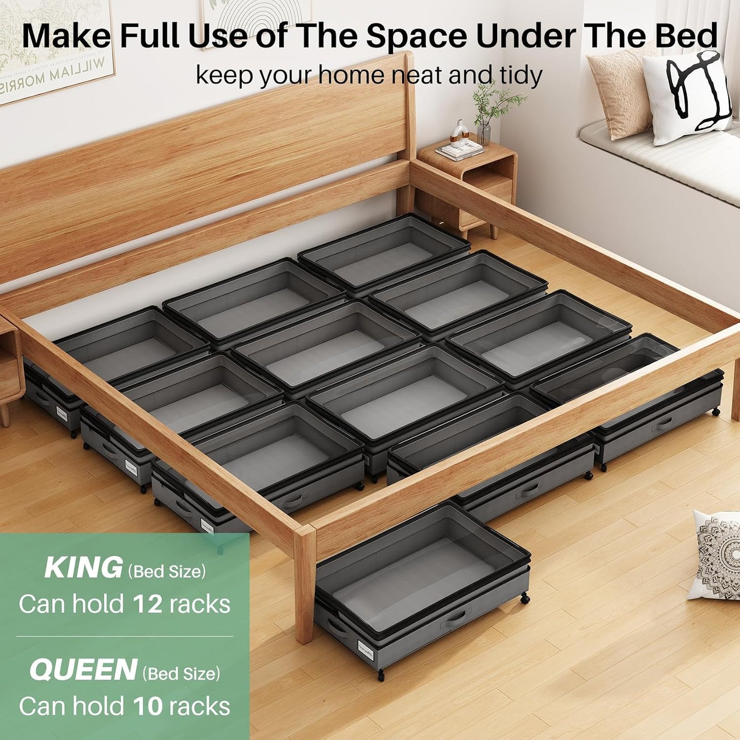 Kitstorack Under Bed Storage with Wheels 2Pack Height-adjustable Under Bed Storage Containers,Under Bed Shoe Storage Organizer with Clear Window&Label, Suitable for Clothes Storage, Gray