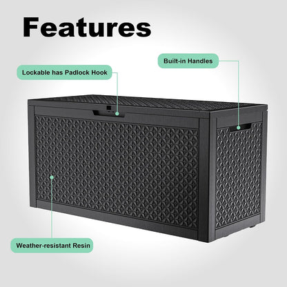 Outdoor Waterproof Resin Storage Deck Box Lockable Outside Bench UV Resistant Bin Patio Porch Furniture Pool Float Garden Tool Cushion (Black, 85 Gallon)
