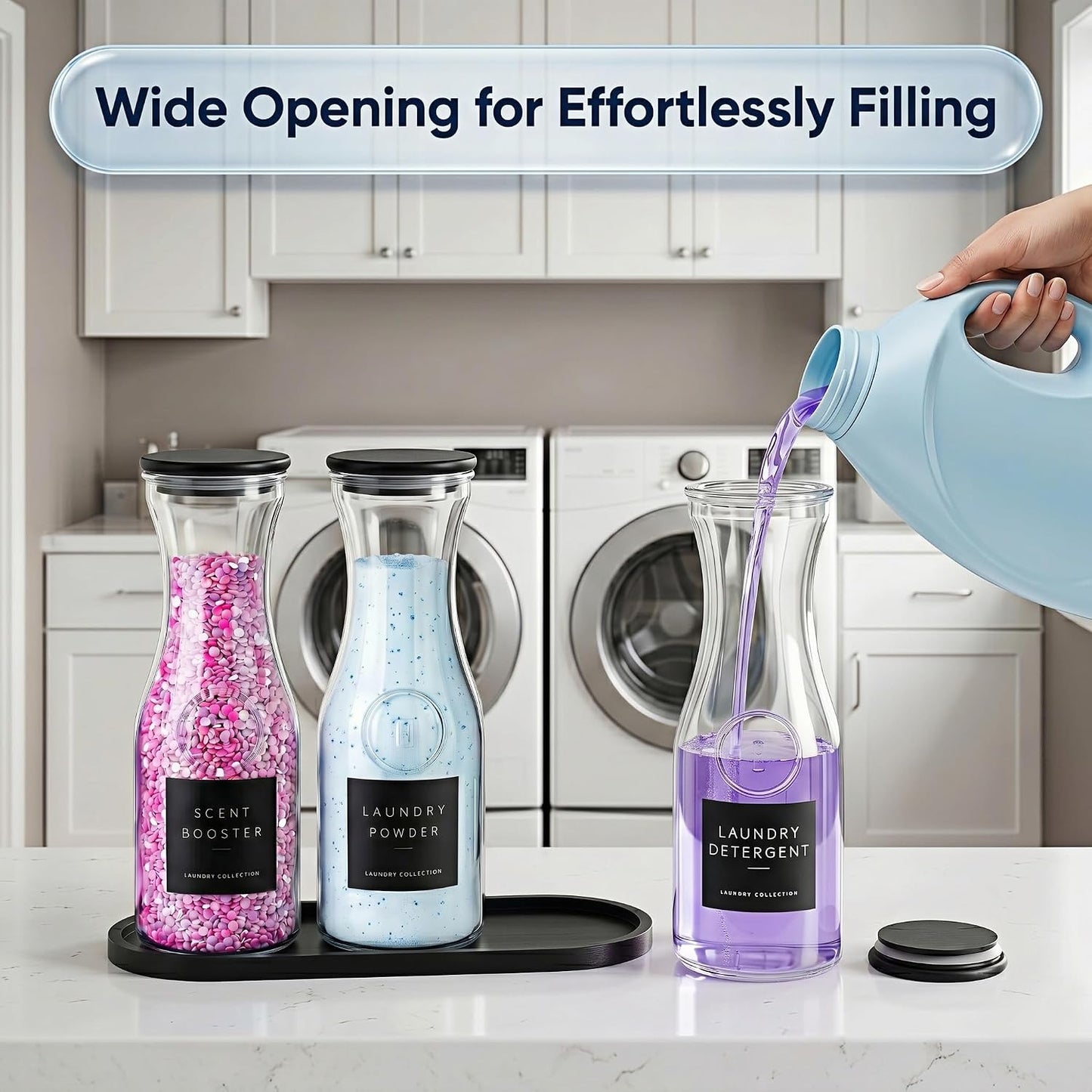 3 Pack Glass Laundry Detergent Containers with Bamboo Tray, 34OZ Liquid Laundry Soap Dispenser with 12 Labels, Silicone-Sealed Lids for Detergent, Scent Booster & Powder, Laundry Room Organization