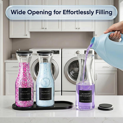 3 Pack Glass Laundry Detergent Containers with Bamboo Tray, 34OZ Liquid Laundry Soap Dispenser with 12 Labels, Silicone-Sealed Lids for Detergent, Scent Booster & Powder, Laundry Room Organization