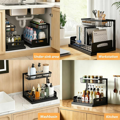 2 Pack Under Sink Organizer, 3-Tier Pull Out Kitchen Cabinet Organizer with 5 Adjustable Heights Metal Slide Out Bathroom Storage Makeup Drawer Rack for Bedroom Office Pantry Home Organization, White