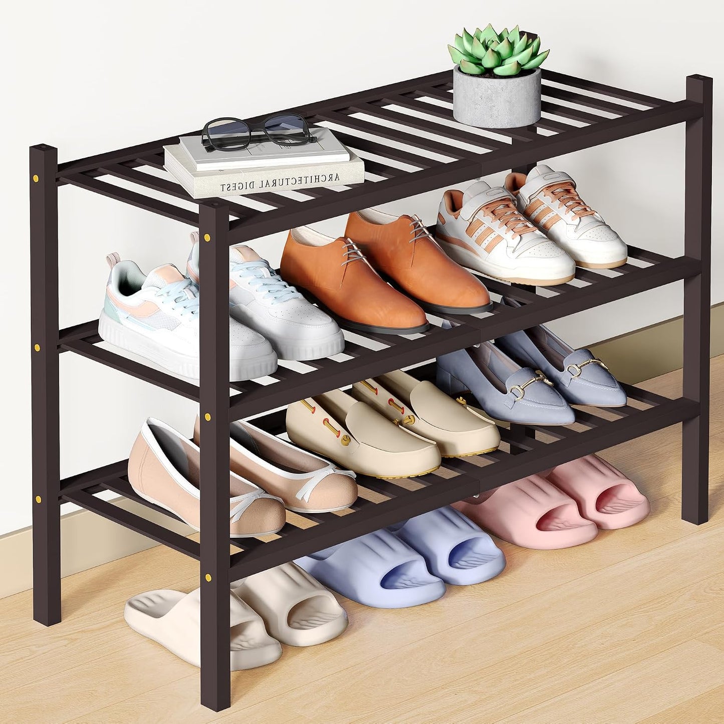 Smiry Bamboo Shoe Rack for Closet, 3 Tier Wooden Shoe Organizer, Stackable Wood Shoe Storage Shelf for Entryway, 14 Vertical Slats, One-piece Heavy-Duty Legs, 26.77"x11.02"x18.31", Natural