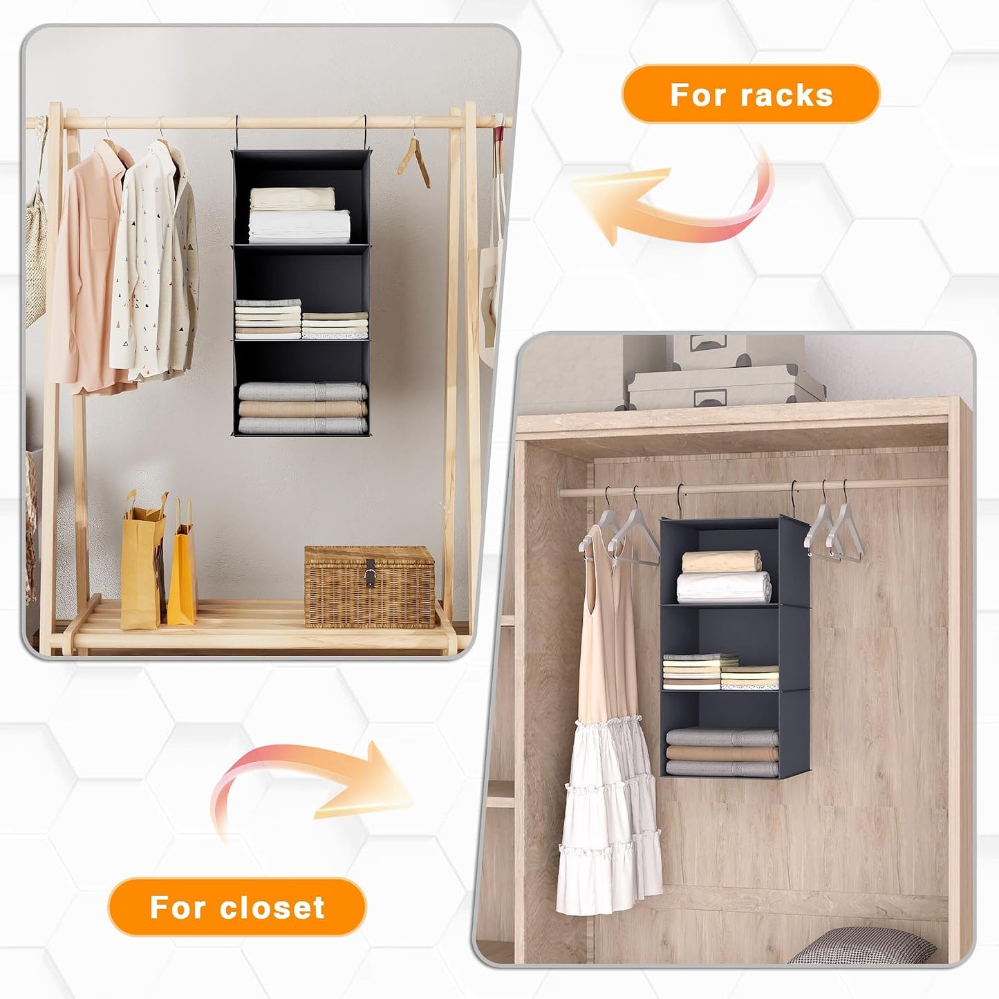 Hanging Closet Organizer 3-Shelf, Oxford Fabric Wardrobe Storage, Gray | Easy-mount foldable design holds clothes, handbags, shoes & accessories; washable Oxford fabric, sturdy and space-saving.