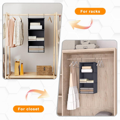 Hanging Closet Organizer 3-Shelf, Oxford Fabric Wardrobe Storage, Gray | Easy-mount foldable design holds clothes, handbags, shoes & accessories; washable Oxford fabric, sturdy and space-saving.