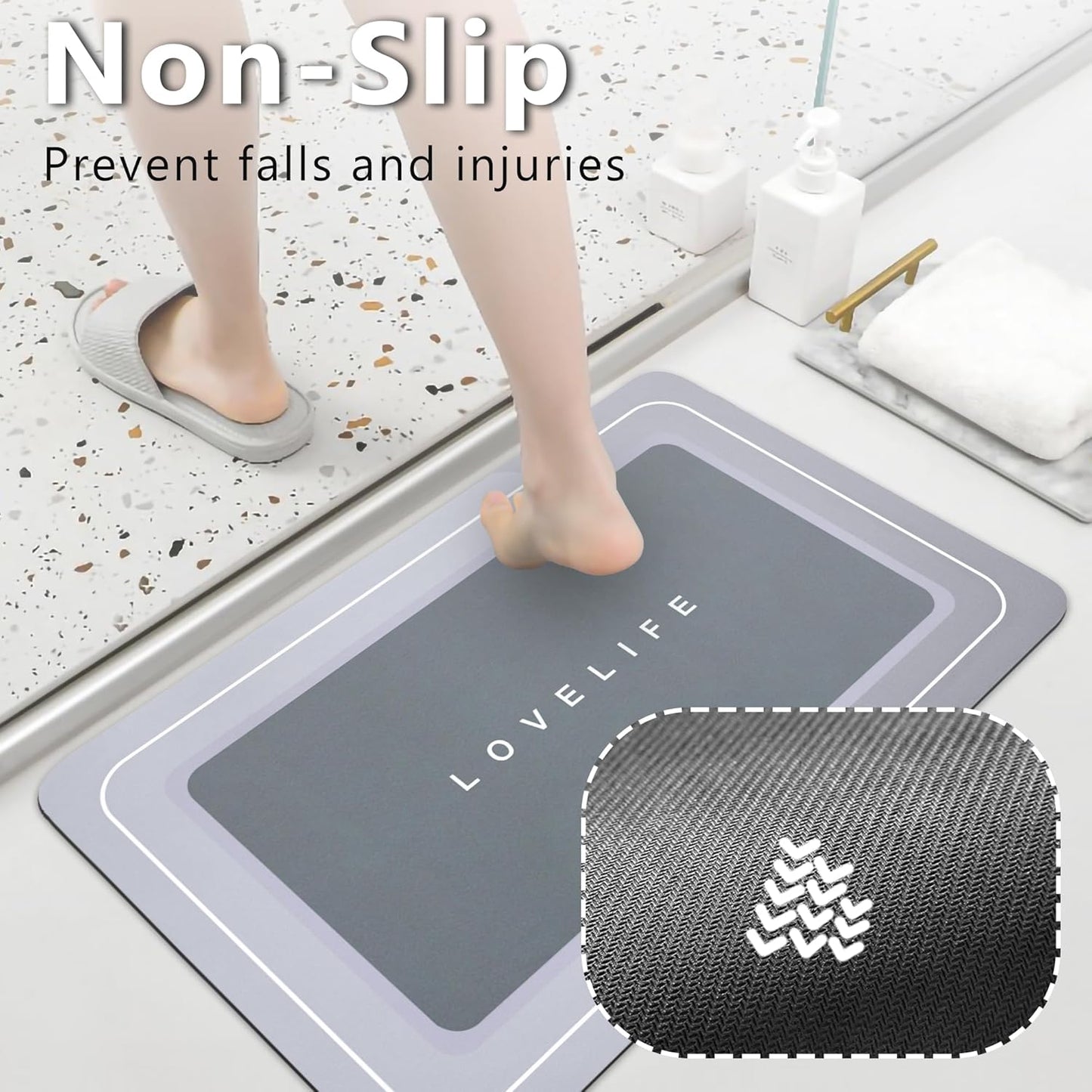 Bath mat Rubber Bathroom Mat-Quick Dry Absorbent Rug Non-Slip Thin Bathroom Rug Instant Dry Magic Bath mats for Bathroom Floor Mat in Front of Bathtub, Sink, Grey,17x27in