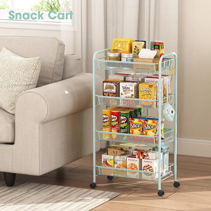 TOOLF 3-Tier Metal Rolling Cart, Mesh Wire Easy Assemble Utility Cart, Storage Trolley on Wheels with 3 Hooks, MetalStorage Shelving Units for Kitchen Bathroom Laundry Room