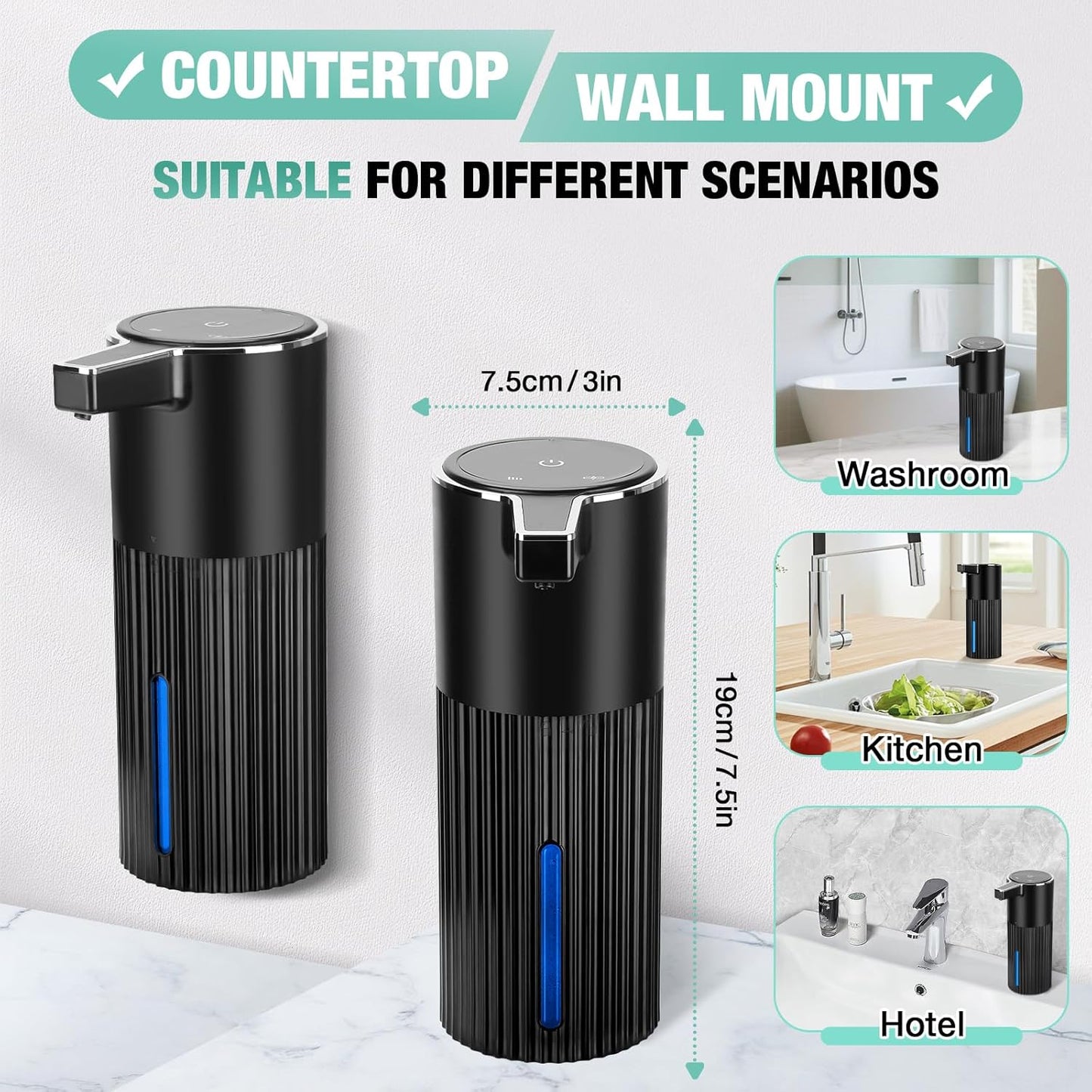 2 Pack Automatic Soap Dispenser: 14oz Plastic - Foaming Touchless 4 Level Adjustable Wall Mount Foam Black Rechargeable Electric Auto Smart Soap Dispenser Set - Bathroom Kitchen Hand Dish Lotion
