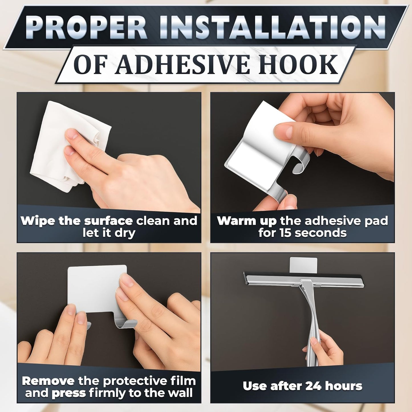 Shower Door Squeegee with Adhesive & Hanging Hooks, 12" Silicone Blade - Stainless Steel All-Purpose Squeegee for Shower Glass, Bathroom Mirror Cleaner Tool Suitable for Tile Walls - Multi-Surface Use